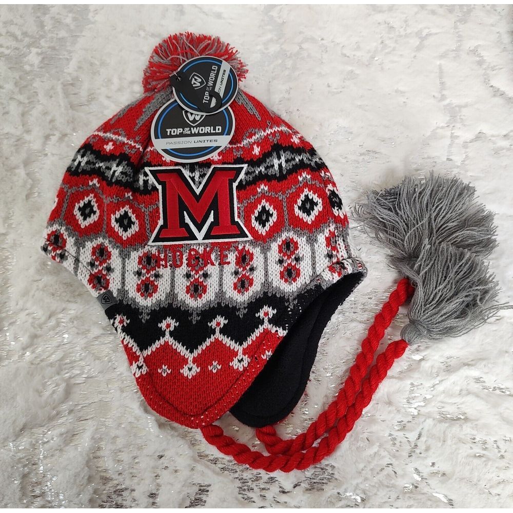 Top of the World Miami University RedHawks Hockey Peruvian Earflap‎ Beanie NWT